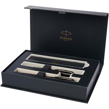 Parker IM achromatic ballpoint and rollerball pen set with gift box (black/blue ink)