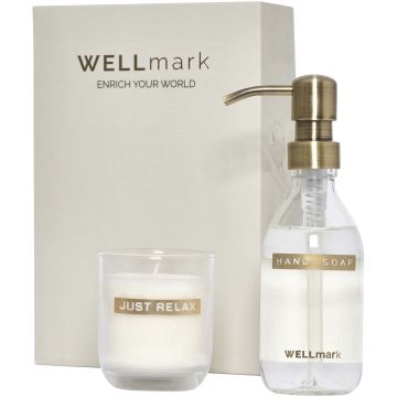 Wellmark Discovery 250 ml hand soap dispenser and 150 g scented candle set